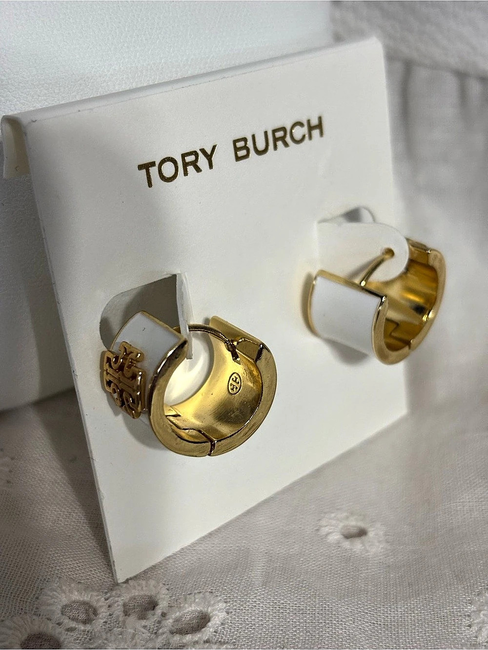 Tory Burch Icon Enamel Huggie Earrings Logo Hoop Earrings in White & Gold Like